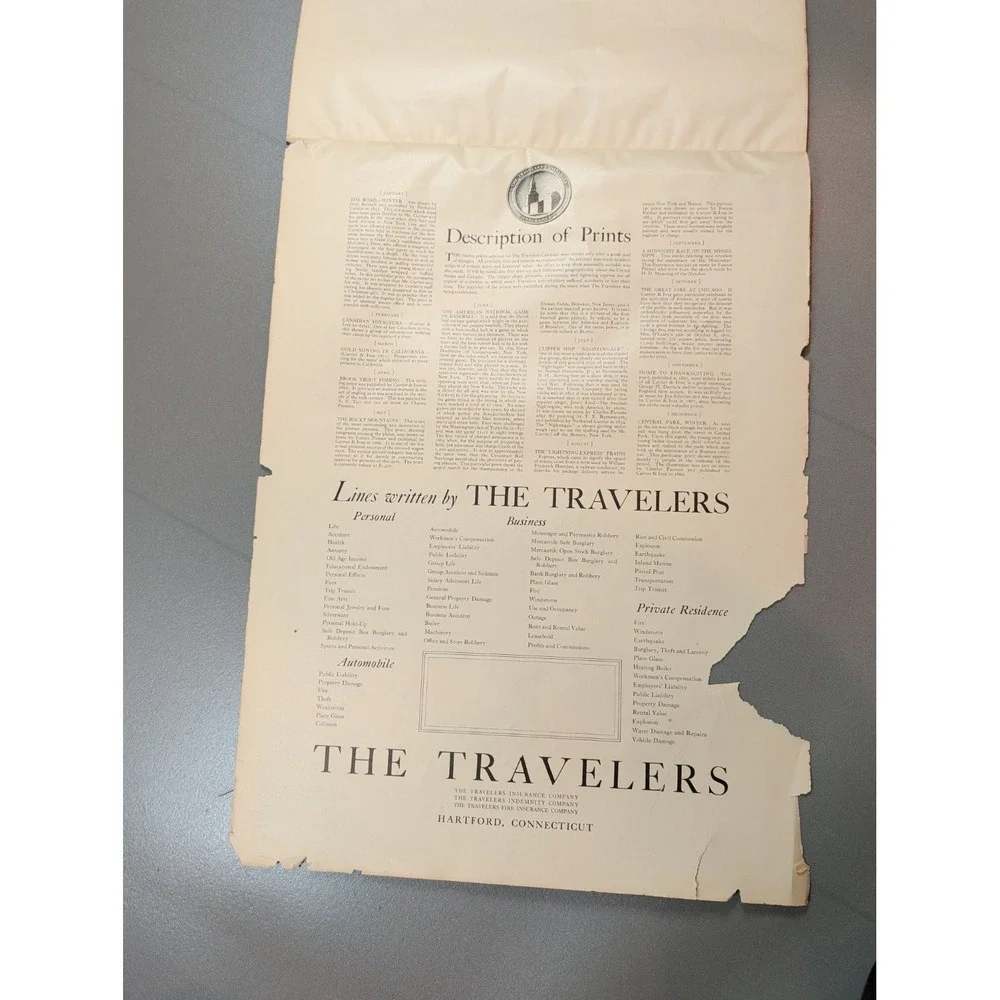 Vintage 1936 The Travelers Insurance Currier & Ives Wall Calendar Hartford CT